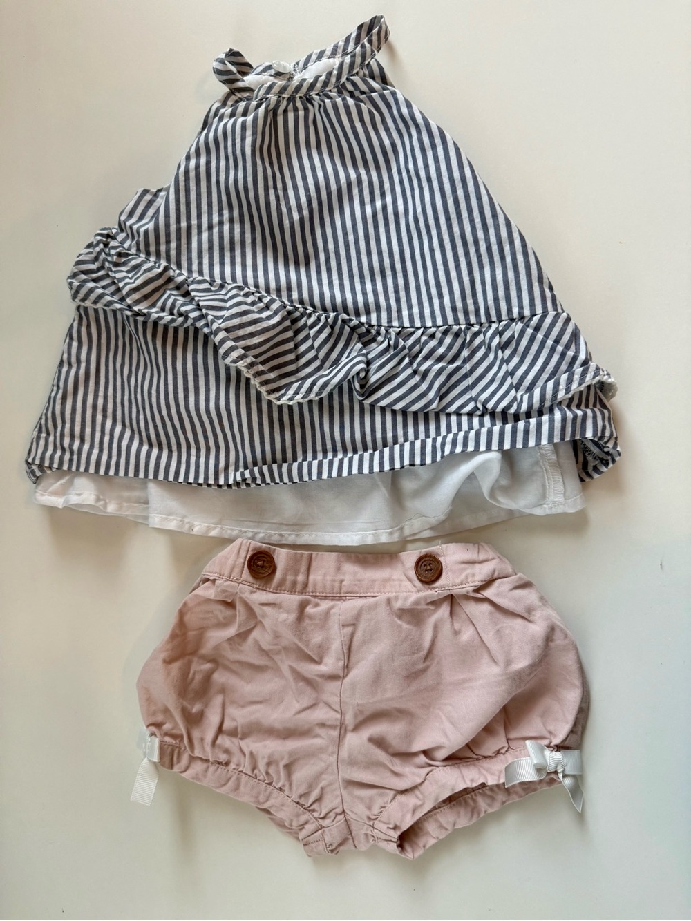 Max Studio Gray and White Striped Halter Ruffle shirt and Pink Shorts